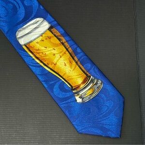 Pre-Loved Gold City Hand Made Novelty Blue Neck Tie with Beer Glass Design